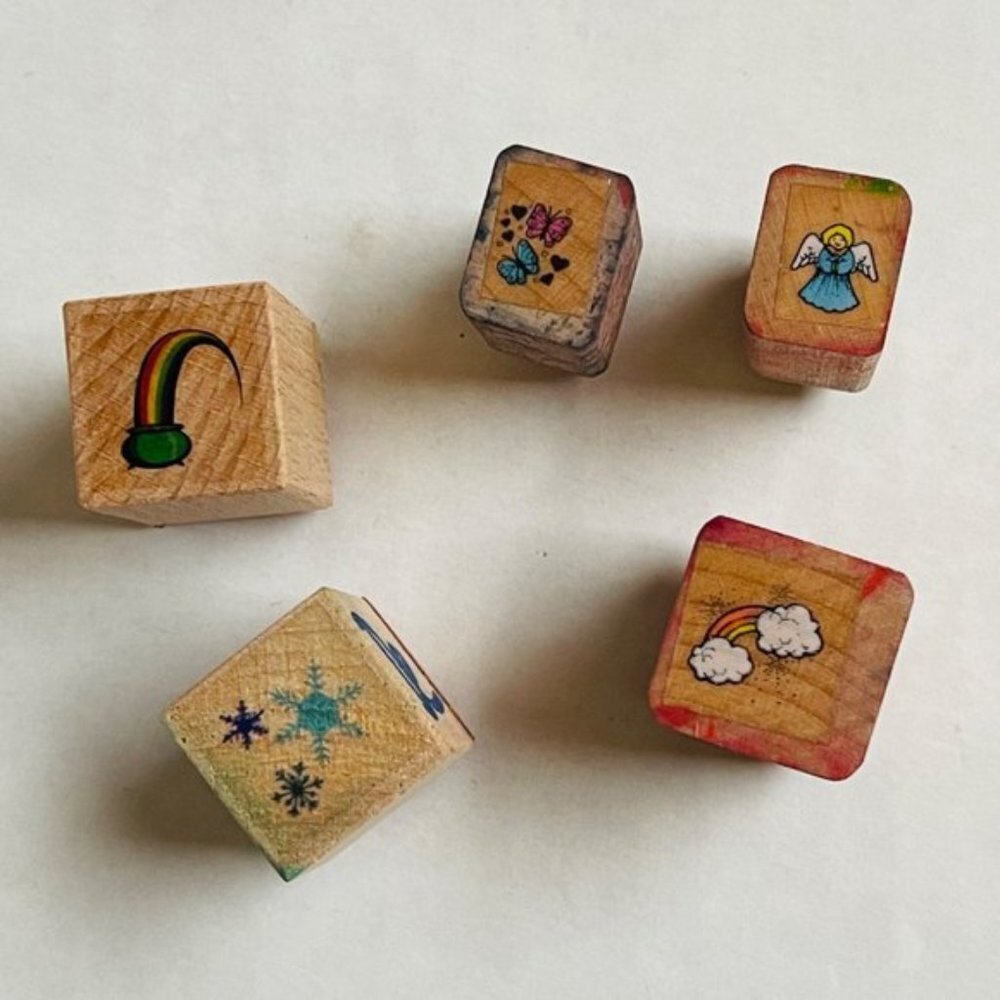 Wooden Rubber Stamp Lot of 5 Rainbow Stars‎ Angel Butterfly 3/4 Inch